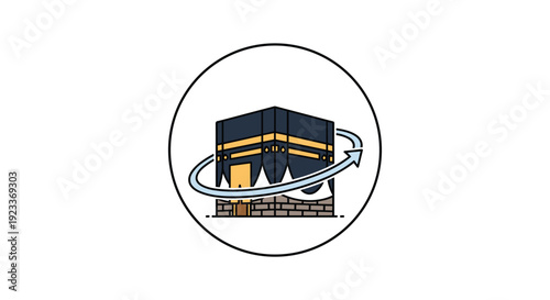Detailed icon of the kaaba in mecca with a circular arrow indicating circumambulation, representing the islamic hajj pilgrimage rite.