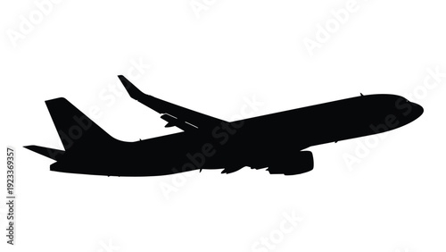 A black silhouette of an airplane in flight isolated on white background, Vector
