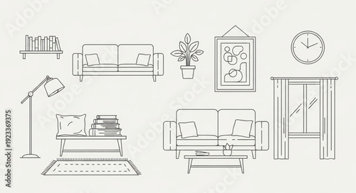 Hand drawn sketch of living room furniture and decor elements.