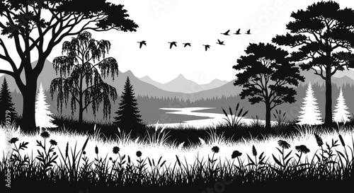 Black and White Silhouette of Trees and Wildflowers.