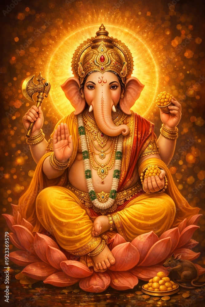 Fototapeta premium Lord Ganesha depicted seated peacefully, elephant head adorned with ornate crown, holding modak and axe, radiant golden aura, saffron and yellow garments, glowing bokeh background