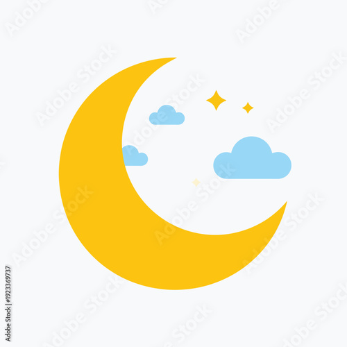 Crescent Moon with Stars and Clouds Illustration.