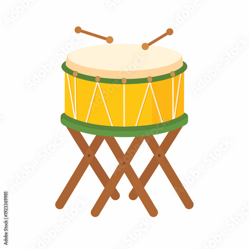 Yellow Drum on a Wooden Stand with Drumsticks.