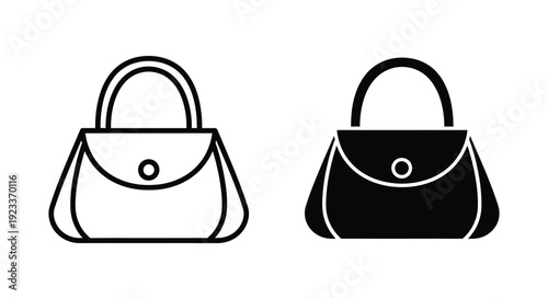 Elegant woman's handbag icons in line and solid silhouette styles, perfect for fashion retail websites, shopping apps, and luxury boutique branding.