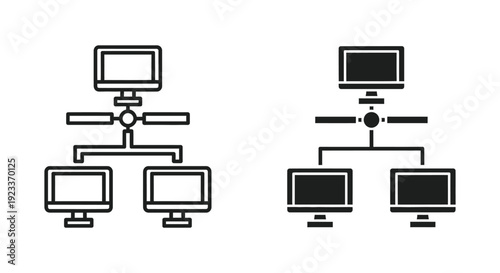 Minimalist computer network topology icons illustrating server and workstation connectivity for local area network and IT infrastructure design.
