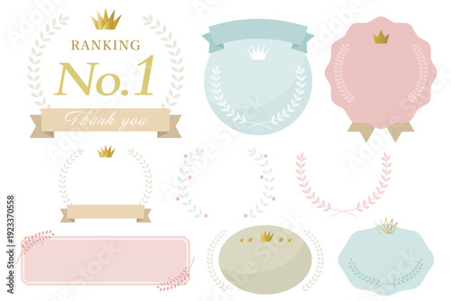 くすみカラーの月桂樹装飾セット、円形や楕円などのベクターフレーム8種