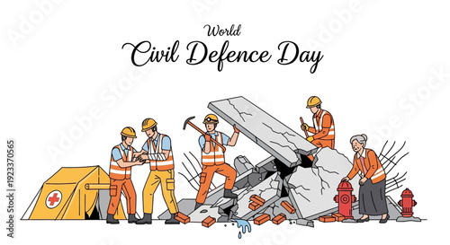 Illustration of emergency responders in action on World Civil Defence Day, with people working together for disaster preparedness and public safety.
