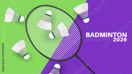 Badminton 2026 Creative Layout with Racket and Multiple Shuttlecocks on Purple and Green Background, vector illustration eps 10