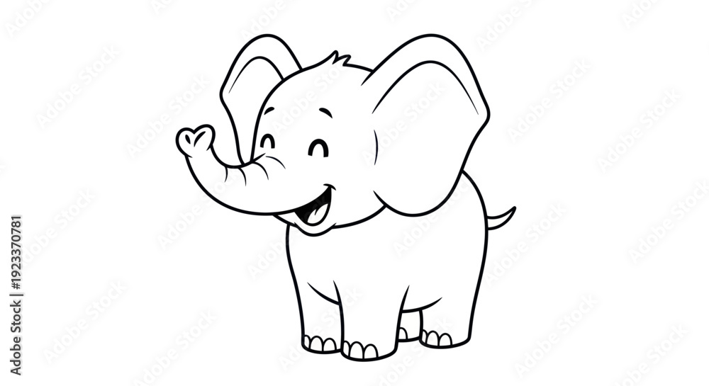 Obraz premium Cute cartoon elephant character, outline drawing, happy expression, waving trunk