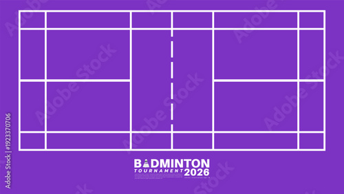 Badminton Court Top View Layout with Tournament 2026 Branding on Purple Background, Vector illustration EPS 10