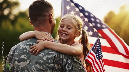 Soldier returning home embracing happy daughter with american flag in background