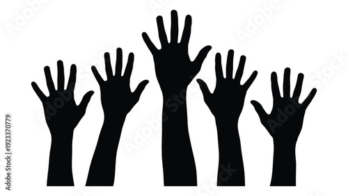Four black silhouettes of hands raised upwards isolated on white background, Vector