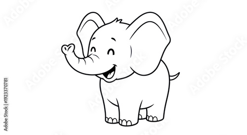 Cute cartoon elephant character, outline drawing, happy expression, waving trunk