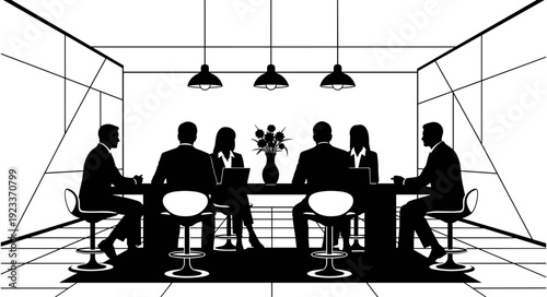 Silhouettes of a professional business team having a formal meeting in a modern conference room for corporate collaboration and teamwork.