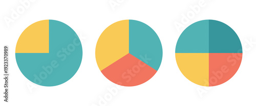 Pie Chart Vector Collection, Colorful Circle Diagrams with 1, 2, 3, 4, 5, or 6 Sections, Perfect for Infographics, Step-by-Step Process Visualization, and Flat Design.