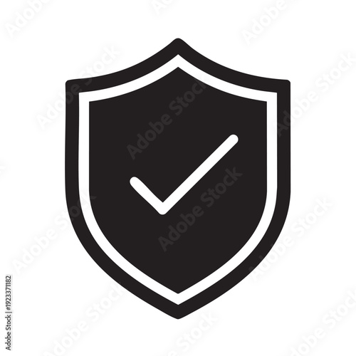 Black shield icon with white checkmark symbolizing security and verification on a clean background viewed from the front