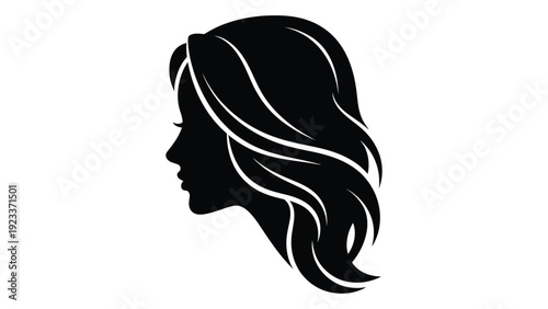 A black silhouette of a woman's head with flowing hair isolated on white background, Vector