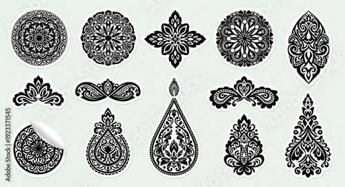 Collection of intricate black and white ornamental patterns and designs.