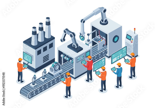 Automated industrial manufacturing production line with robotic arms and human workers
