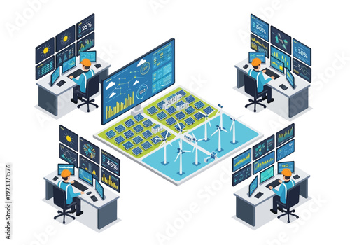 Modern energy control center managing solar panels and wind turbines with multiple computer stations and displays
