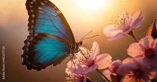 Wallpaper Mural Vibrant blue butterfly perched on delicate pink cherry blossoms against a warm sunset backdrop Torontodigital.ca