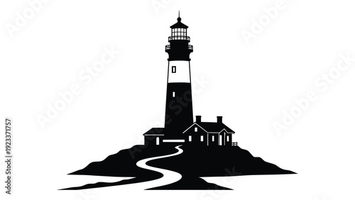 A black and white image of a lighthouse on a small island isolated on white background, Vector