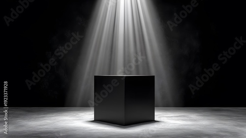 Spotlight on the Pedestal: A sleek, black pedestal stands center stage, illuminated by a brilliant spotlight against a dramatic, textured backdrop. Evoking mystery and anticipation.