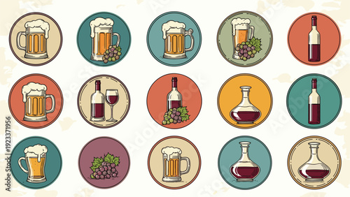 Set of circular icons with classic hand drawn beer mugs, wine bottles, grapes, and decanters for drink menu design.