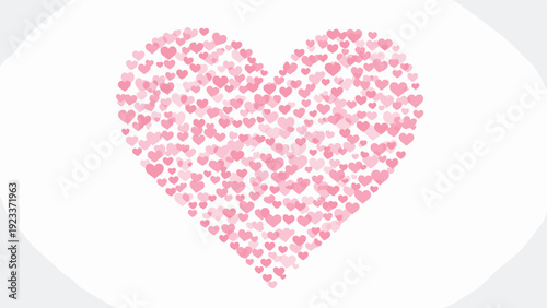 Romantic heart silhouette composed of numerous small pink and white heart shapes against a soft grey circular background for valentines day.