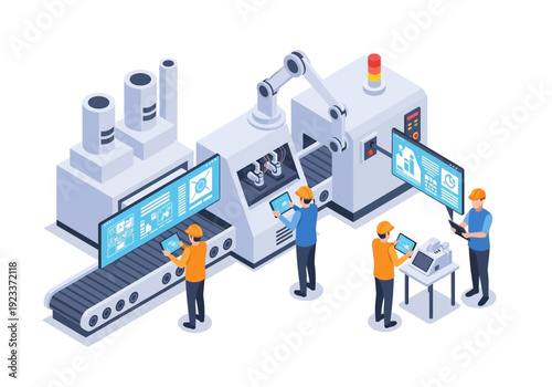 Industrial workers operating machinery and analyzing data on digital screens in a modern manufacturing facility viewed from an isometric perspective
