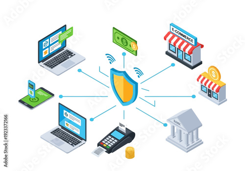 Secure online transactions concept illustration showcasing protection of financial data across various digital platforms and devices