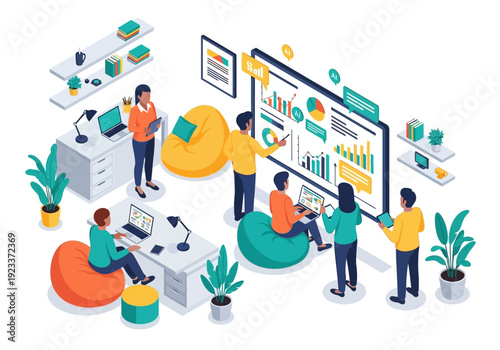 Team collaborating on data analysis in a modern office environment with digital graphics and plants