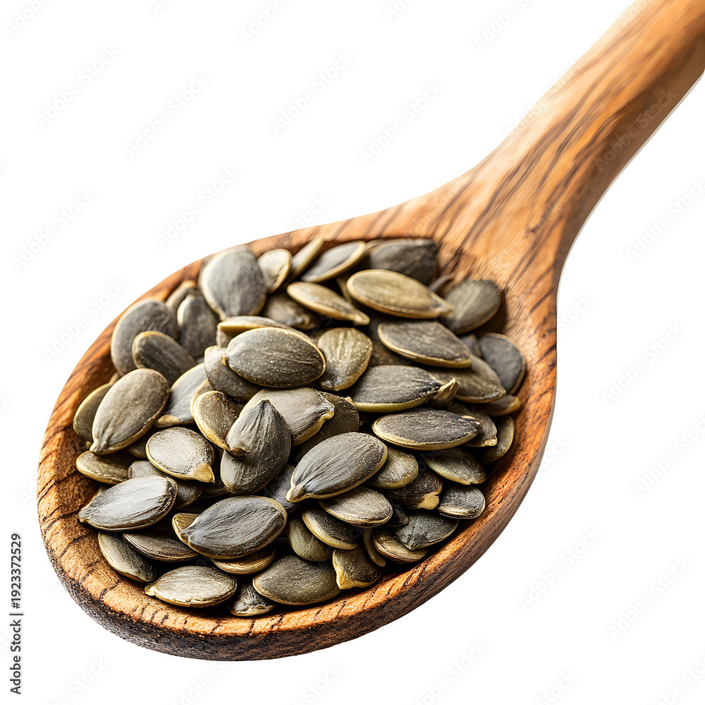Obraz premium Pumpkin seeds in a wooden spoon isolated on white background