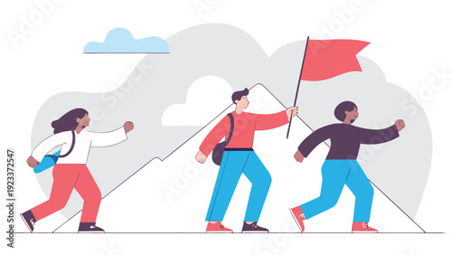 Diverse group of people running forward with a leader holding a red flag, in front of a mountain landscape.