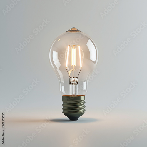 A glowing light bulb stands alone on a plain surface with a soft background