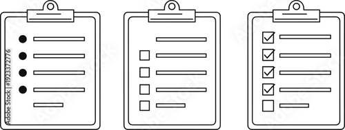 Clipboard checklist line icons set with bullet list, empty checkboxes and completed tasks, task management symbols isolated on gray background
