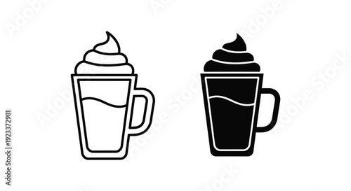 Minimalist coffee cup icons with whipped cream topping in outline and solid silhouette styles for cafe menus and beverage branding