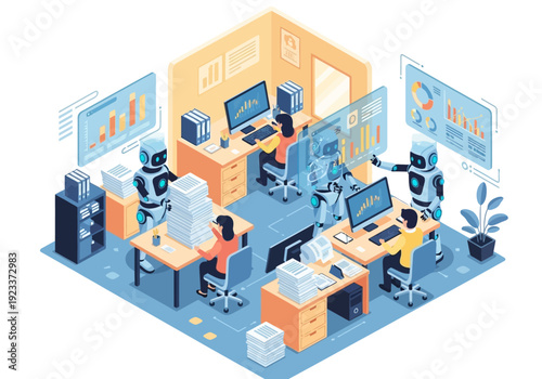 Isometric illustration of a modern office with robots and humans working together