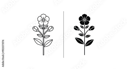 Minimalist botanical flower icons in outline and solid black silhouette styles for modern branding and nature-themed graphic design projects