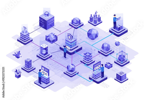 Isometric illustration of technology and industry elements interconnected with devices and data visualization