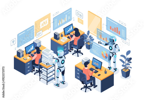 Robots working together at modern office desks with computers and data visualizations from an aerial viewpoint