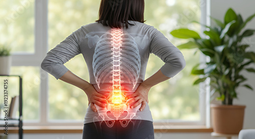Woman with glowing red spine pain in lower back pain human anatomy medical health