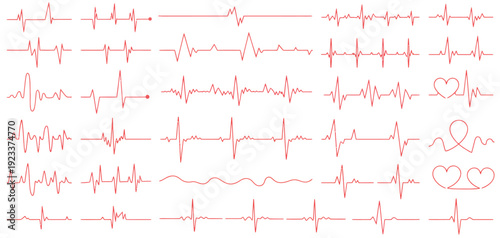 Red Heartbeat Line Collection with Heart Symbol, Vector Illustration Representing Cardiology, Medical Pulse, ECG, EKG Design, Healthcare, Health Monitoring, and Digital Heartbeat Graphics.