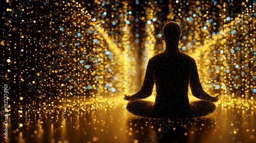 Silhouette of Person Meditating Surrounded by Glowing Golden Bokeh Lights and Particles Spiritual Awakening and Inner Peace Mindful Energy Field