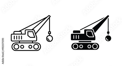 Professional demolition crane icons featuring a wrecking ball in outline and solid black styles, ideal for construction industry branding, site renovation graphics, and urban development projects.