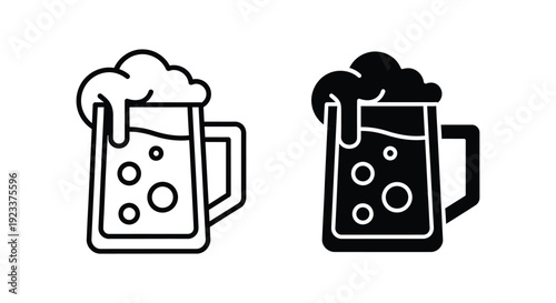 Set of minimalist beer mug icons in outline and solid silhouette styles with frothy foam and bubbles, perfect for brewery branding, pub menus, and craft beer festival designs.