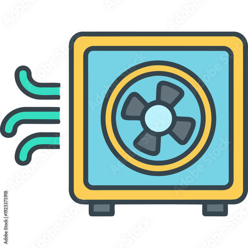 Illustration of a fan heater blowing warm air from its front grille