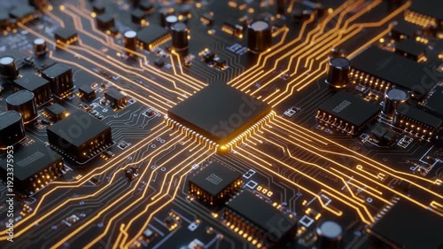Microchip on circuit board with blue glowing lines