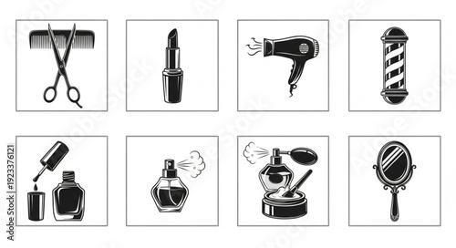 Collection of beauty and hair salon icons and symbols.