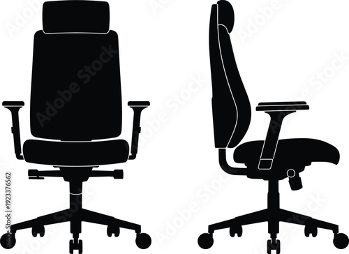 Black ergonomic office chair silhouette shown front and side view, modern adjustable swivel seating vector illustration for workspace, corporate furniture, interior design branding